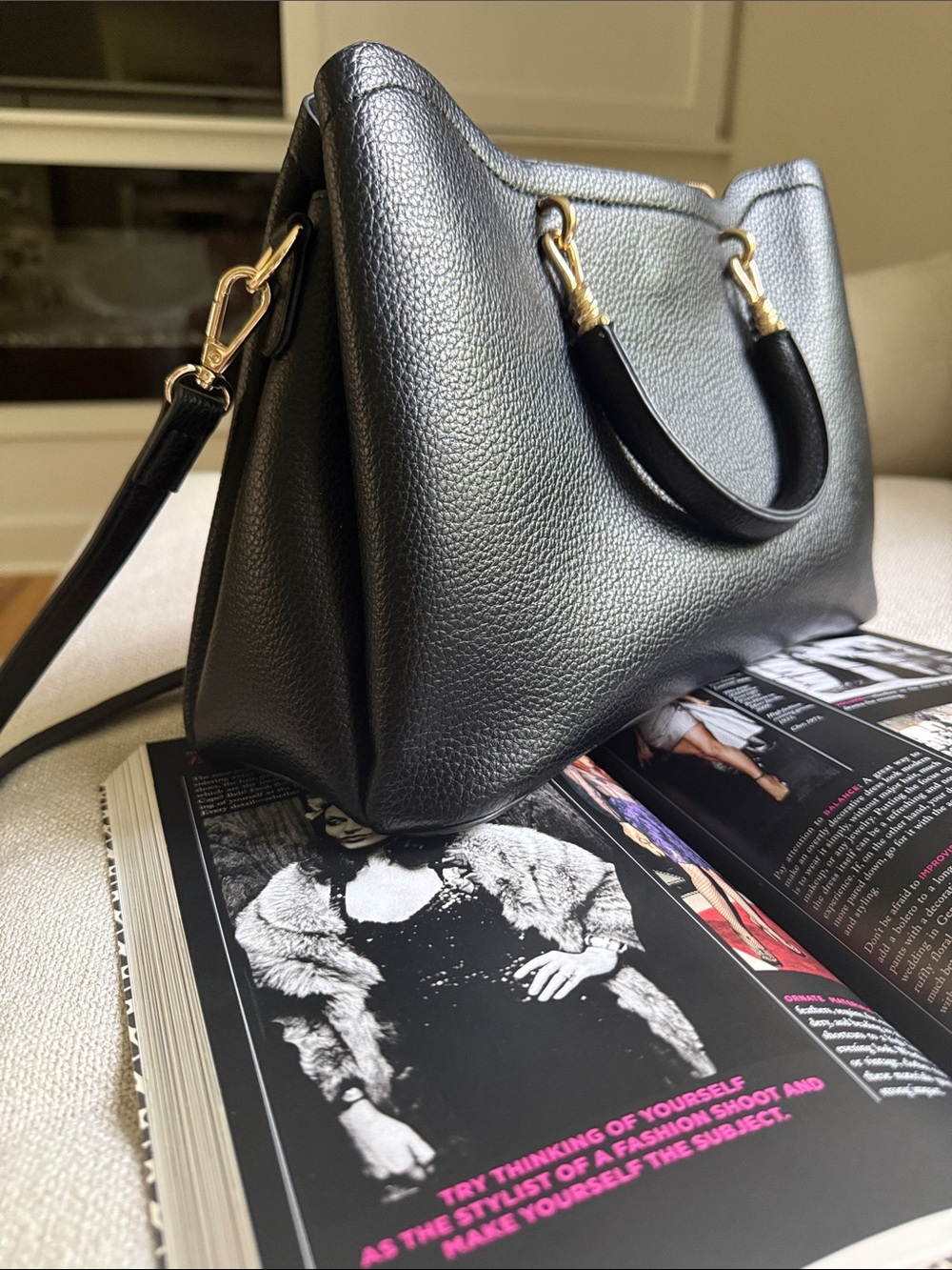 Elegant Black Pebbled Satchel with Gold Accent Hardware